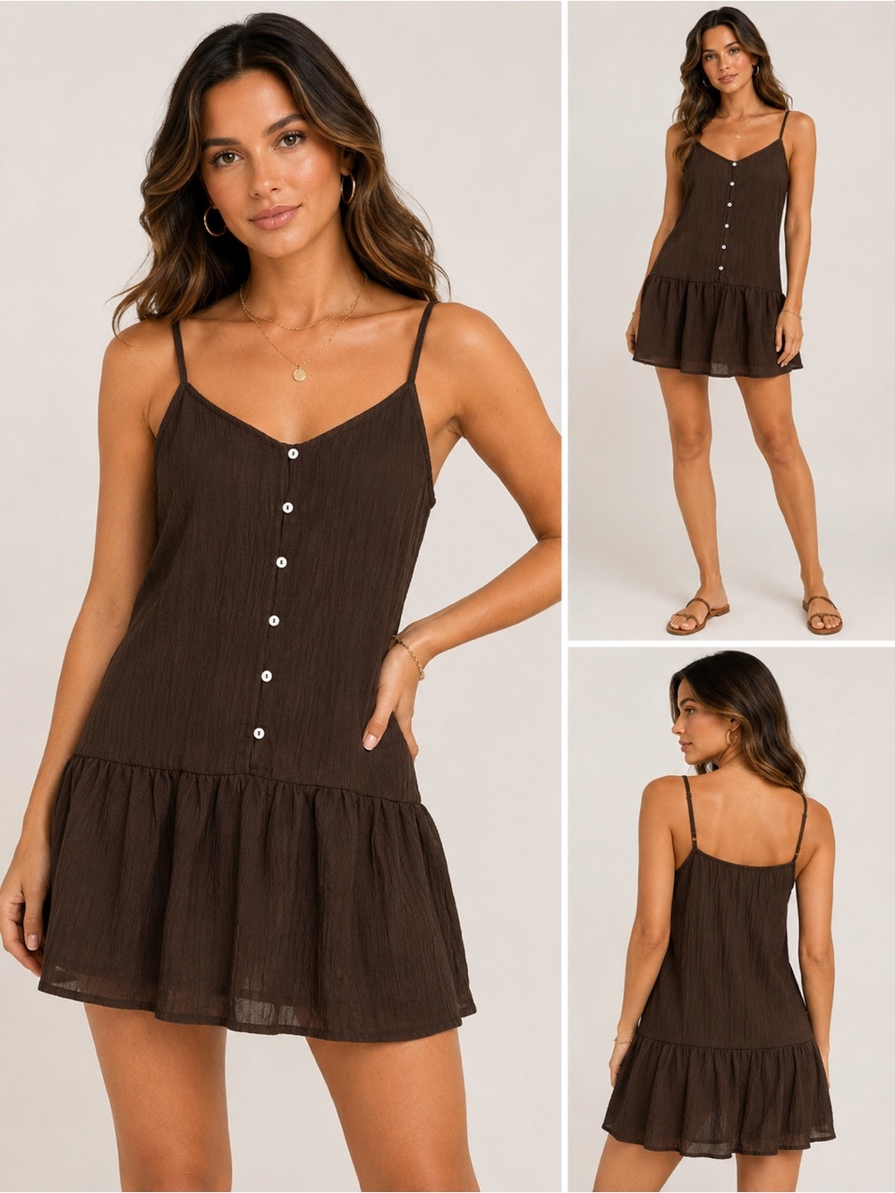 Blush Brown Button Front Ruffle Hem Mini Dress NWT